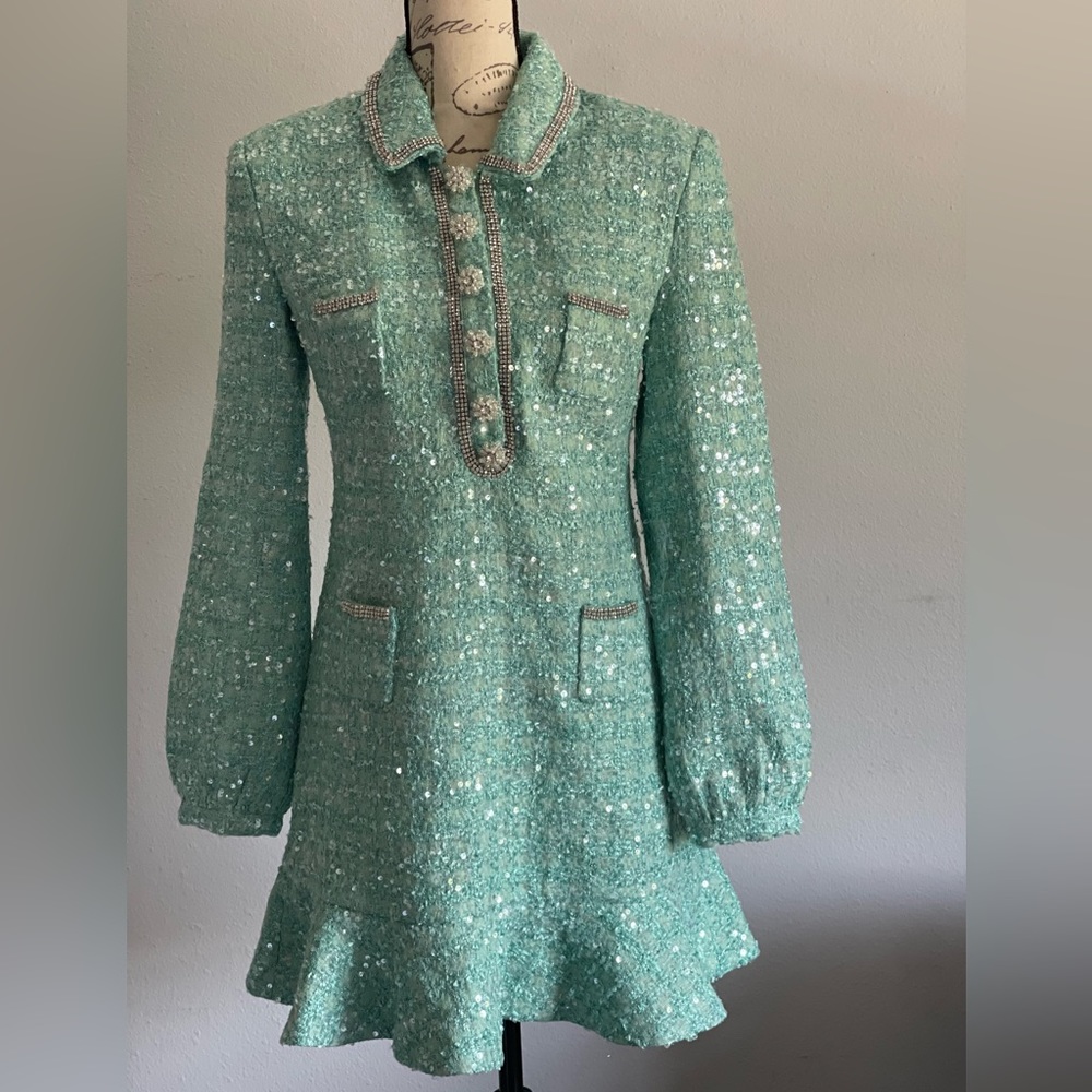 SELF PORTRAIT 
BLUE BOUCLE COLLARED MINI DRESS
